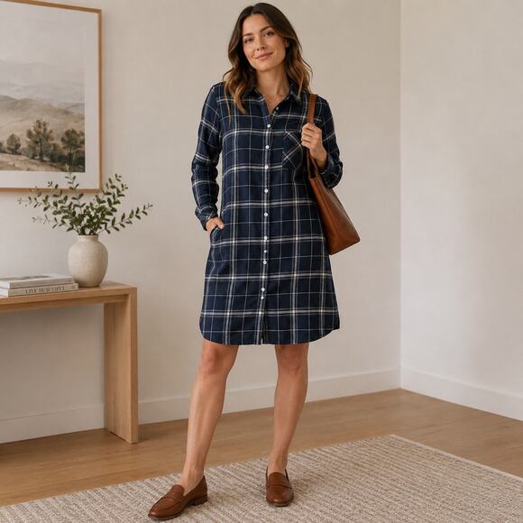 Garnet Hill Dresses & Skirts - Garnet Hill Womens M Blue Plaid Shirt Dress Button Front Cotton Preppy Cottage